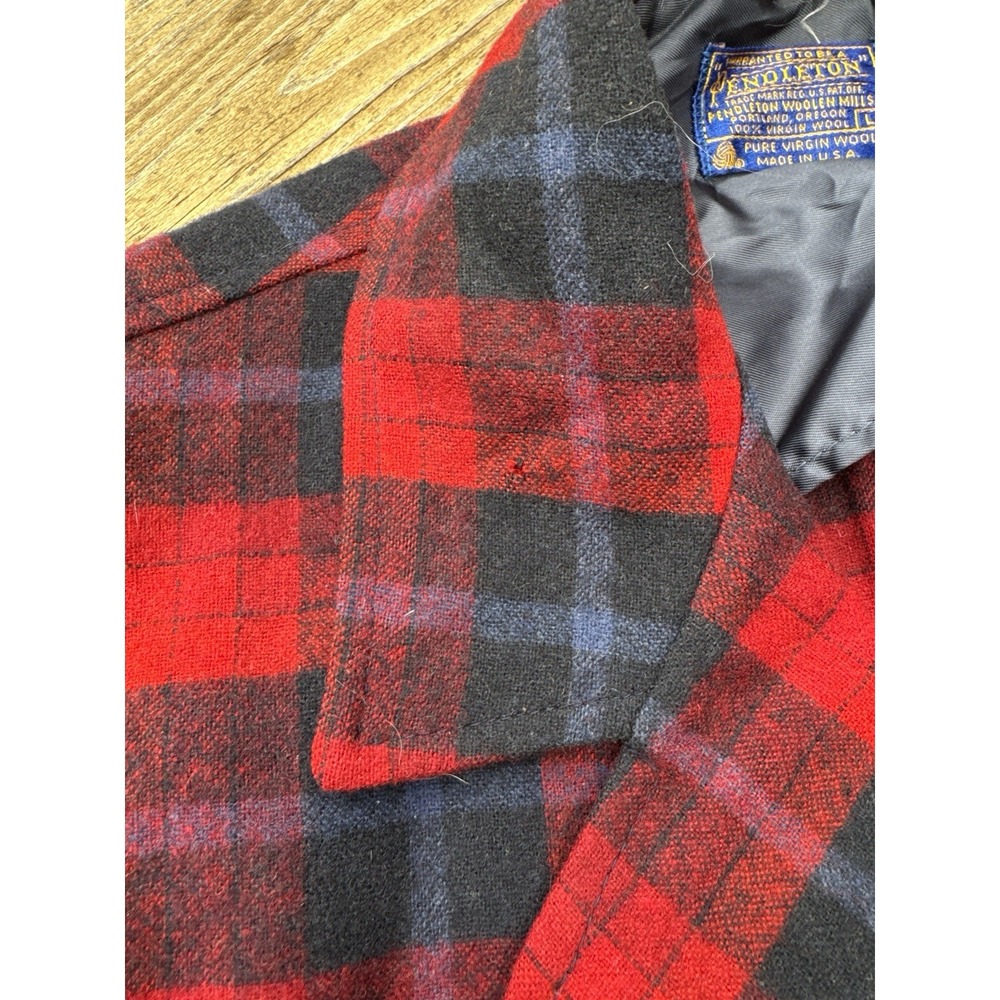 Vintage Pendleton Wool Plaid Jacket Red Black Tartan Large USA 60s 70s - Picture 6 of 11